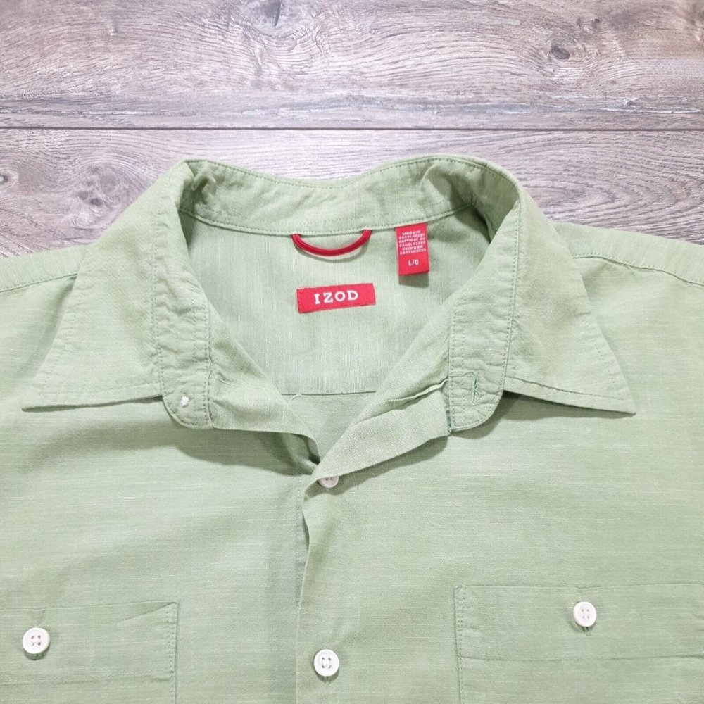 Izod Mens Large Short Sleeve Shirt Office Casual Dress Green Vacation Sport - Picture 4 of 9